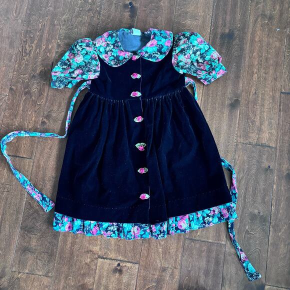 Vintage Jo Lene Girls Dress Small 6 Black Floral Velvet Collared Made in USA - Picture 9 of 9